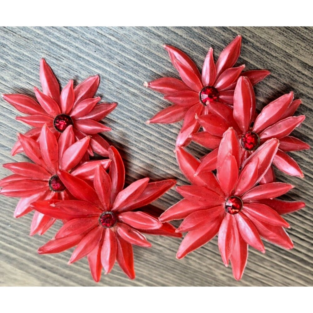Vintage Red Flower Clip On Earrings Soft Plastic Rhinestone Statement 2.5"